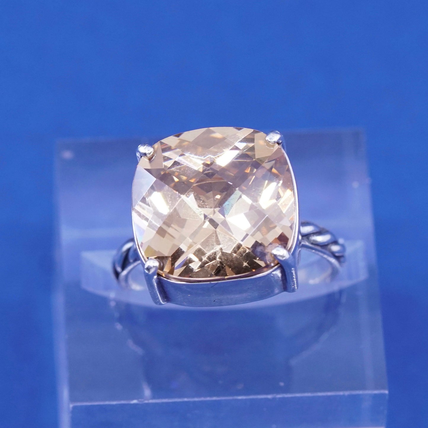 sz 7.75 vtg Sterling silver ring, 925 with cushion cut citrine N clear crystal