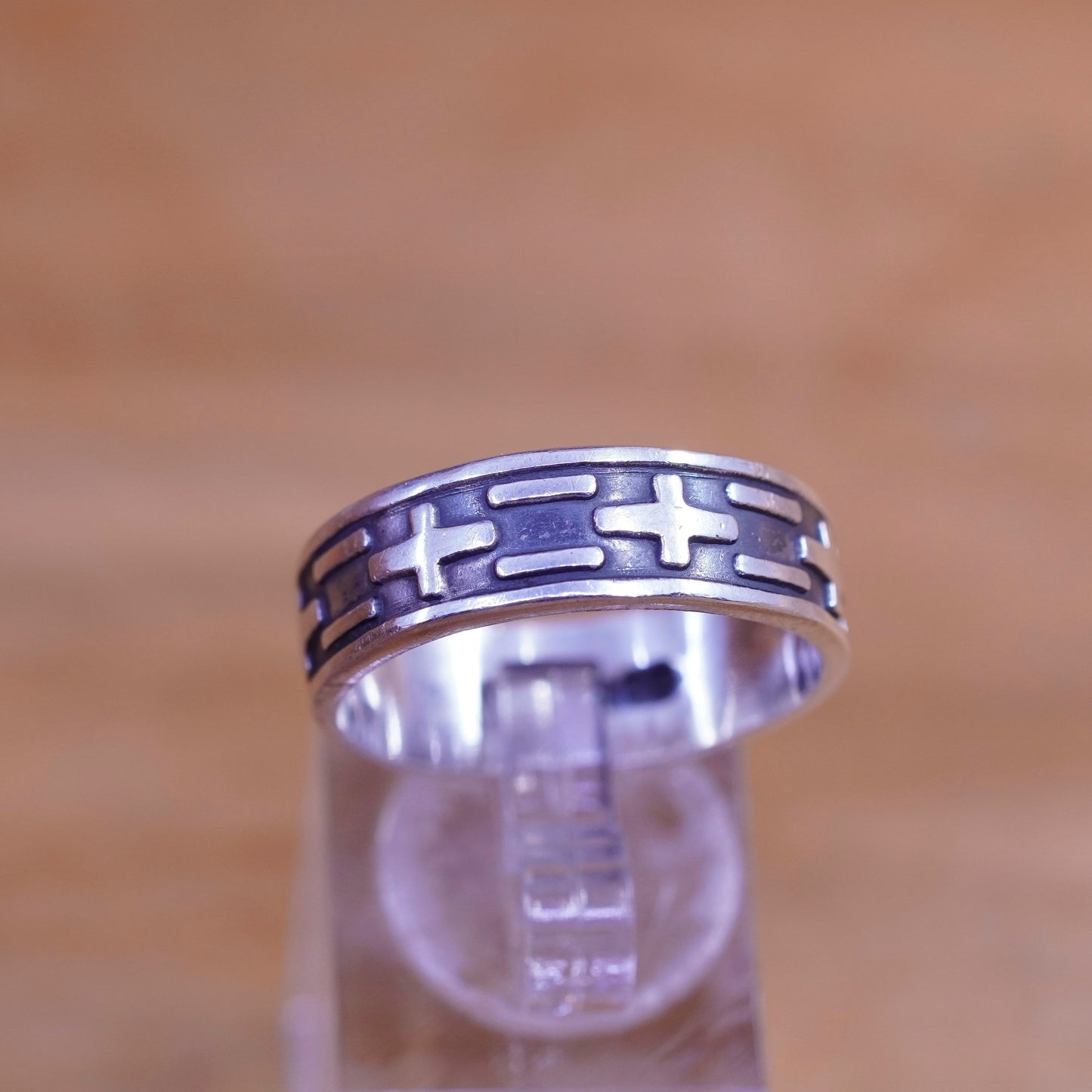 Size 11, vintage Sterling silver handmade ring, Hopi 925 relief cross band