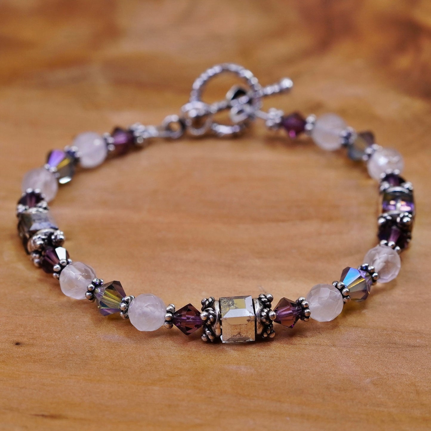 7”, Vintage Sterling silver handmade bracelet, moonstone crystal beads chain