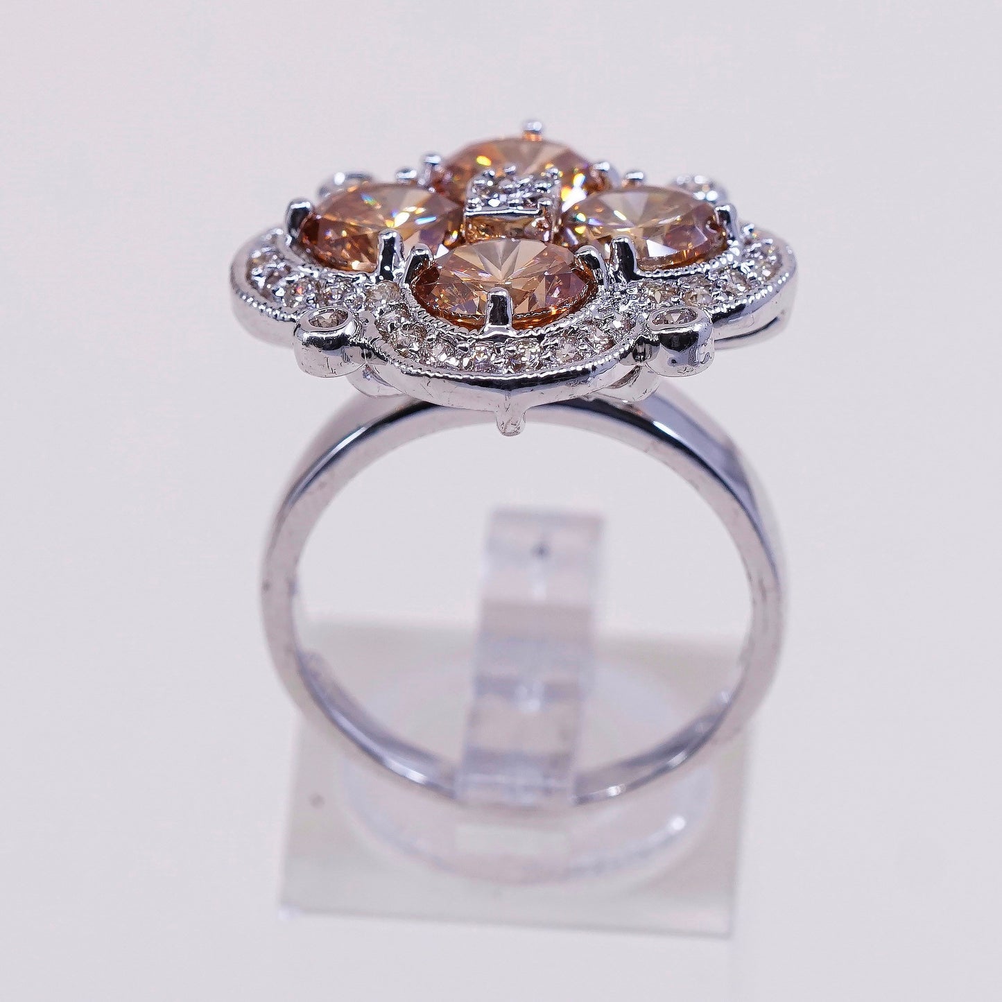 sz 8, vtg sterling 925 silver citrine flower ring, statement, cocktail ring