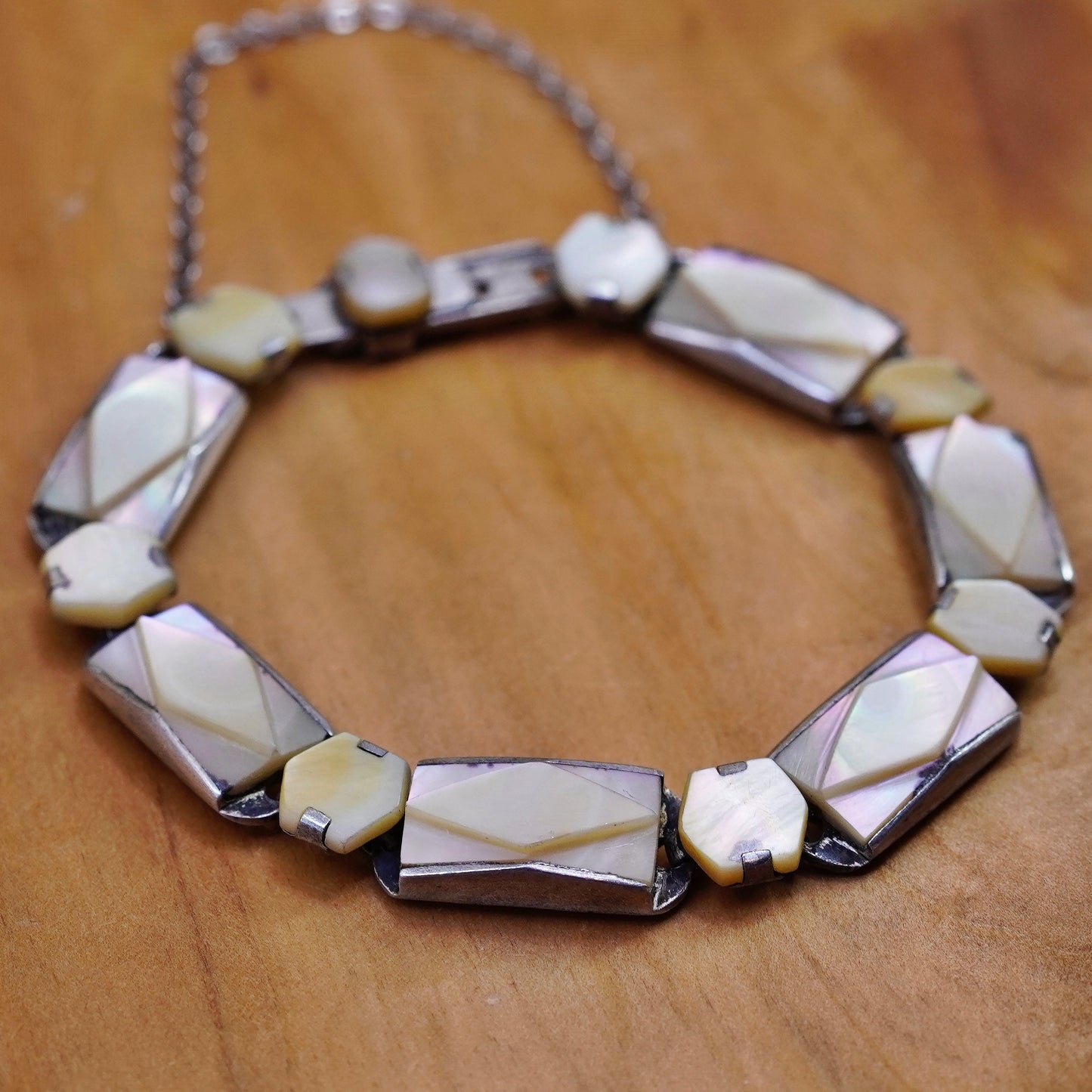 6.5”, vintage jewelry Sterling 925 silver tennis bracelet with mother of pearl