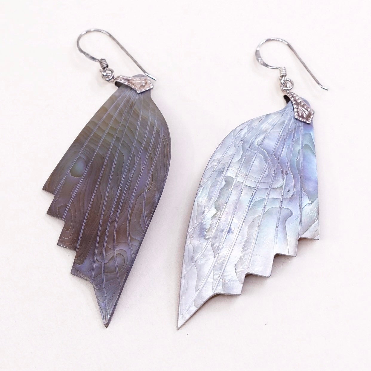 sterling silver handmade earrings, 925 hooks w/ wing shaped abalone
