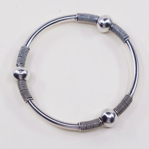 7.75”, Estate Vtg Mexico 925 Sterling Silver Handmade Bangle Bracelet W/ Beads