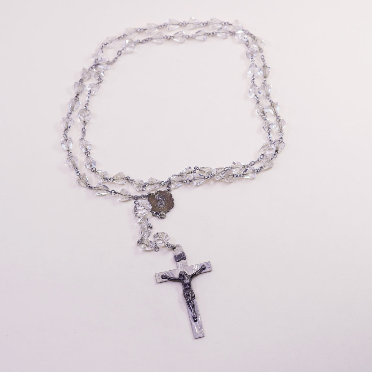 30”, sterling 925 silver rosary necklace with cross pendant and crystal beads