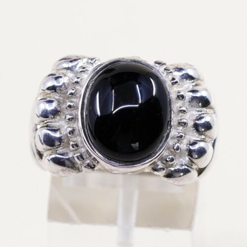 Sz 6.5, Vtg Sterling Silver Handmade Ring, 925 Band W Obsidian N Bali Beads