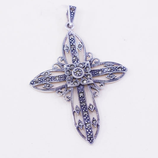 Vintage DBJ Sterling 925 silver filigree cross pendant with Marcasite