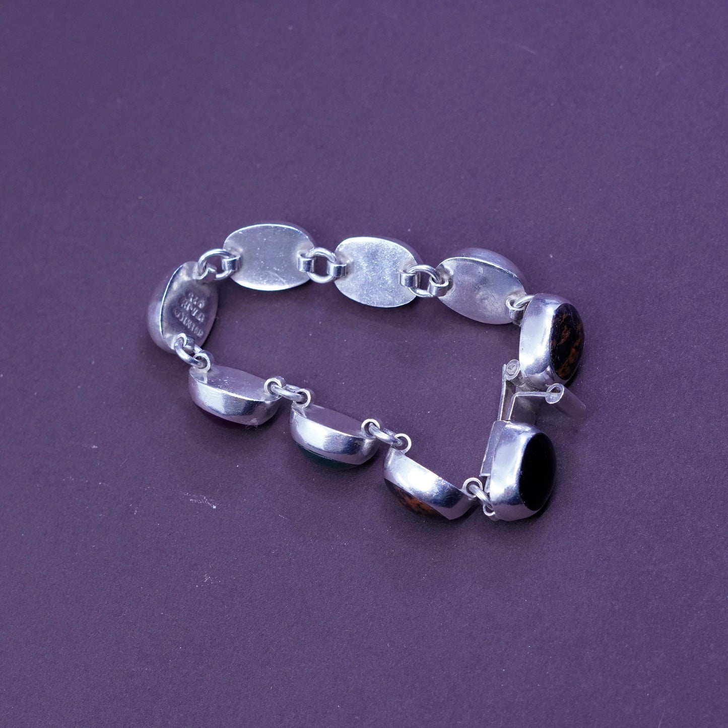 6.75”, mexico Sterling 925 silver bracelet w/ quartz obsidian jasper malachite