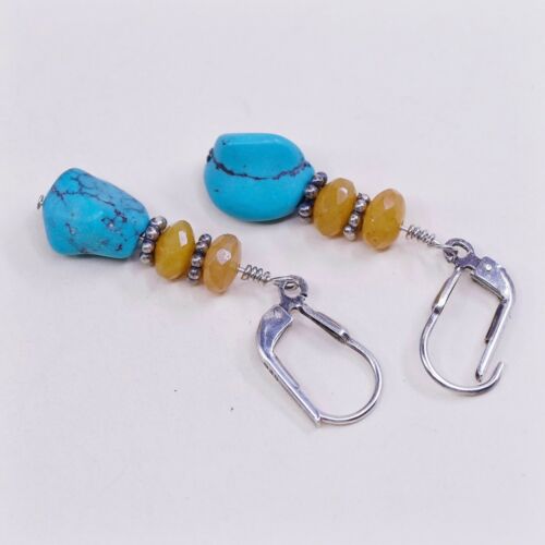 Vtg STERLING 925 SILVER Handmade earrings with Turquoise N Citrine Besdd