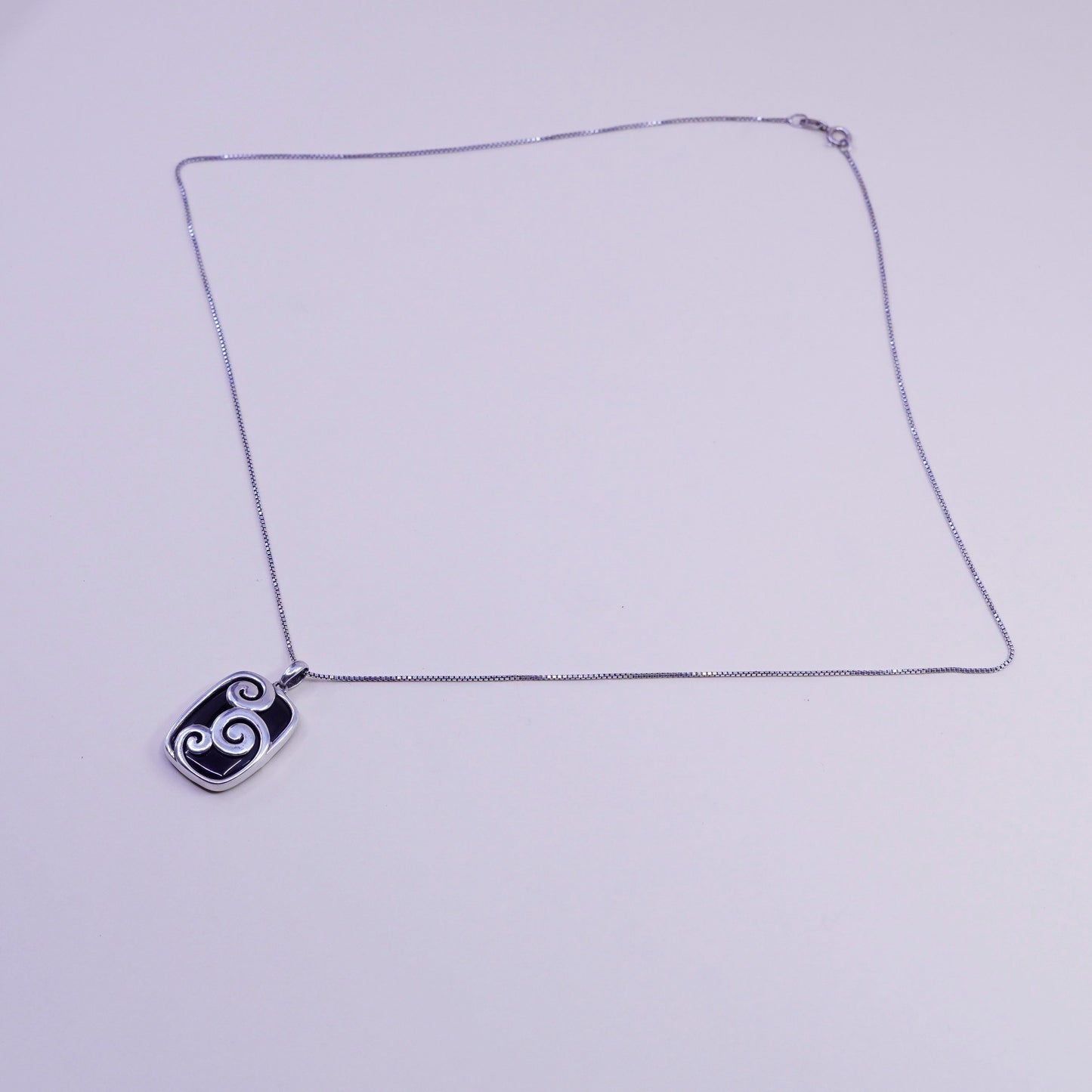 24”, Vintage sterling 925 silver necklace, box chain with obsidian and swirl