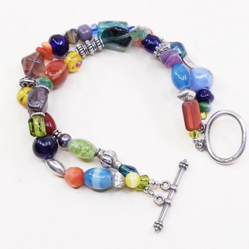 7”, Vtg Sterling Silver Handmade Bracelet, 925 Beads W/ Colorful Glass Beads