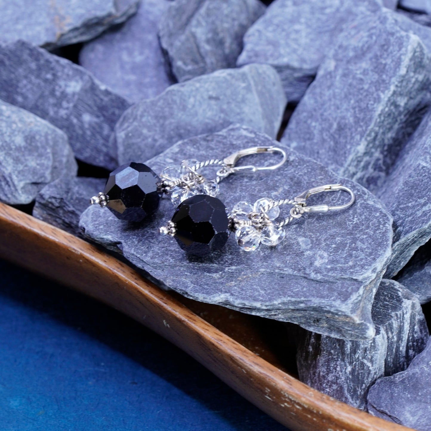 Vintage Sterling 925 silver handmade earrings w/ black crystal cluster crystal