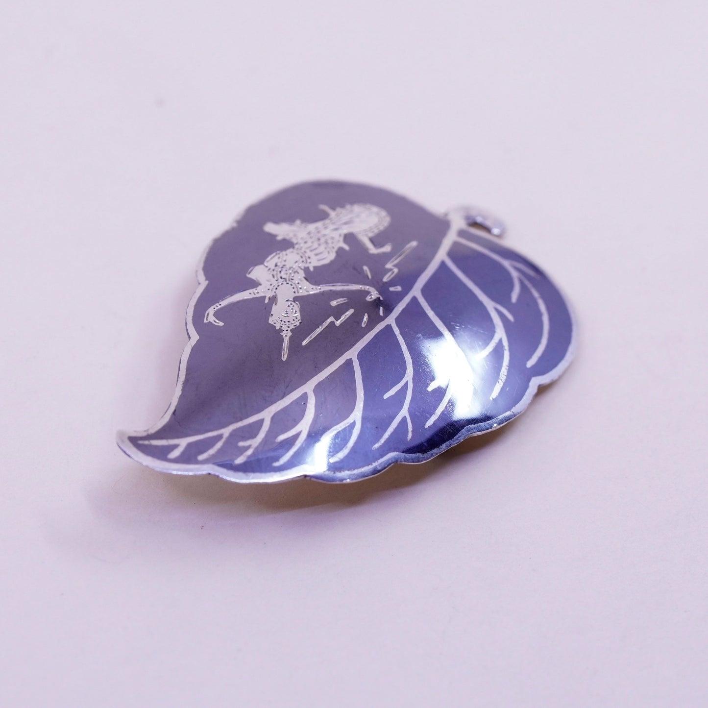Vintage sterling silver handmade leaf brooch, Indian 925 goddess