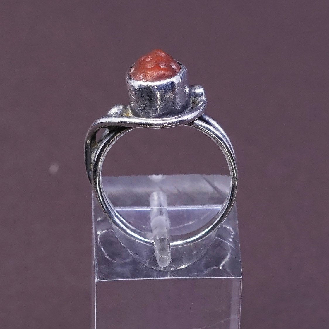 sz 5.5, Sterling silver handmade ring w/ red coral, Native American, 925 band