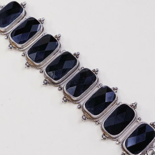 6”+1”, Vintage Mexico Sterling 925 silver Bracelet W/ Checker Obsidian Inlay
