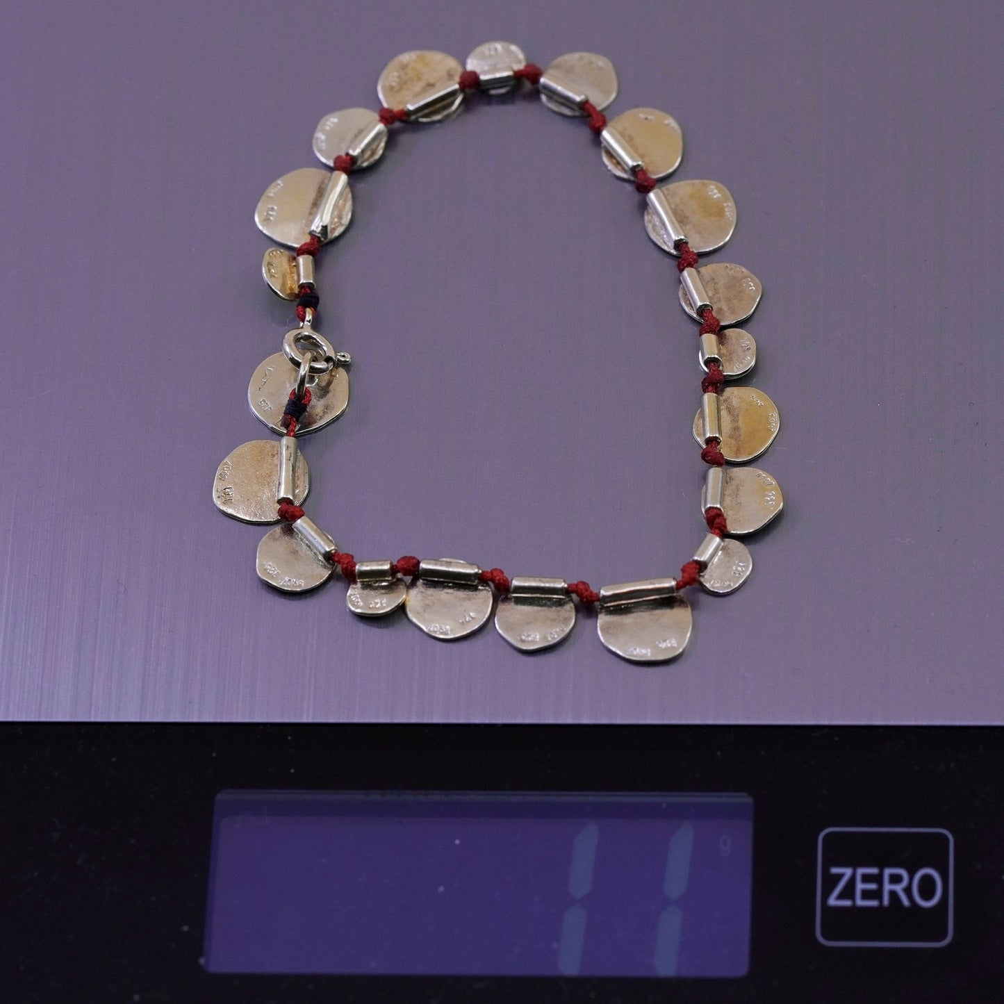 7.25”, vintage gold over Sterling 925 silver bracelet, red linen thread discs