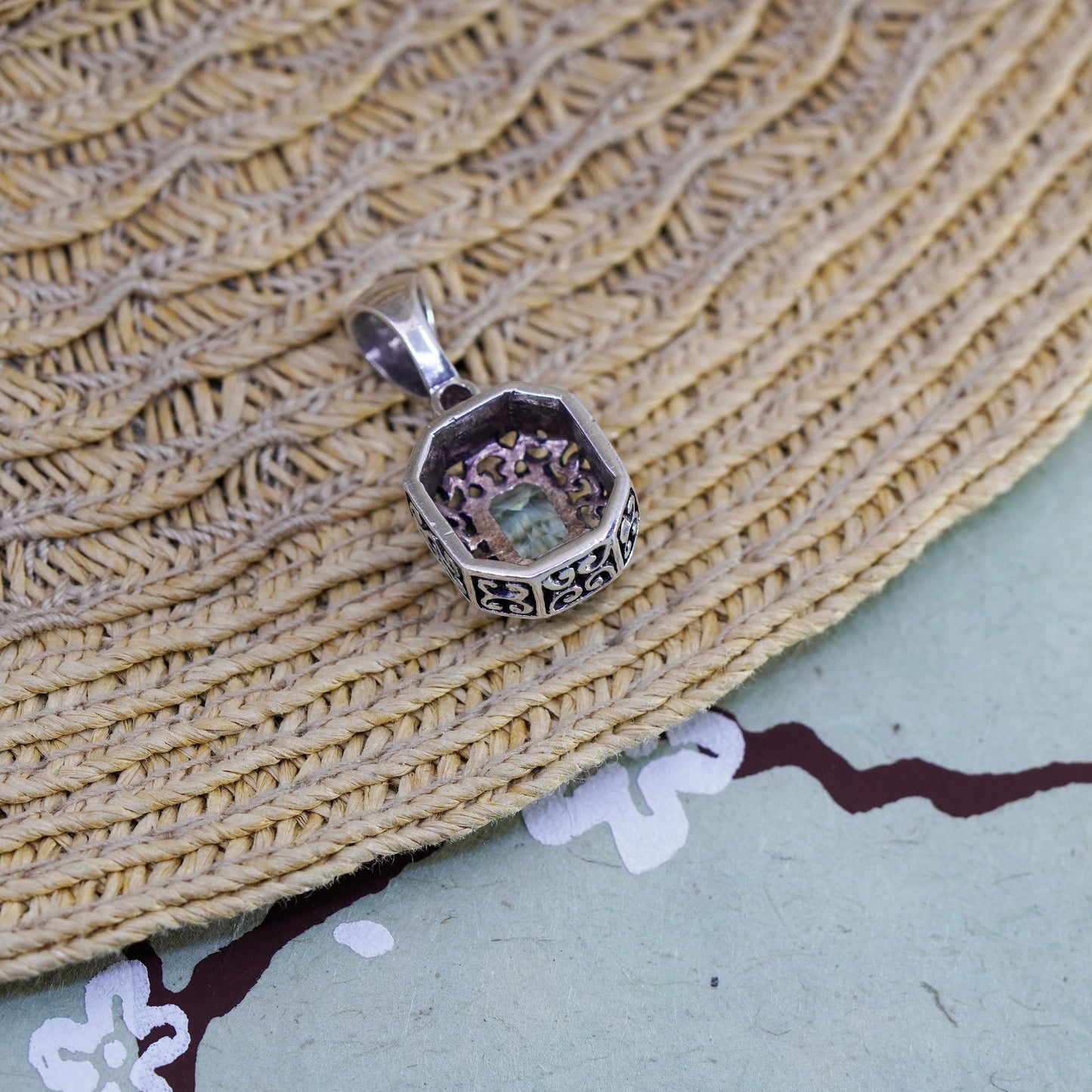 Vintage Sterling 925 silver handmade filigree pendant with blue topaz