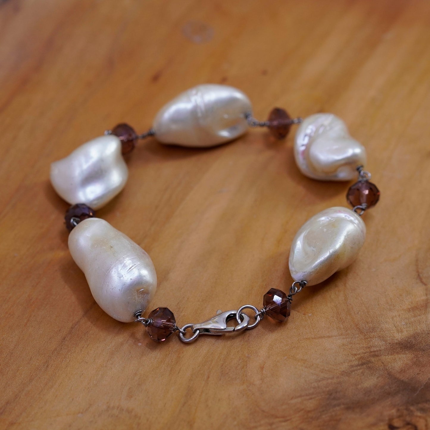 7.5”, Vintage Sterling 925 silver handmade bracelet, pearl nugget chain