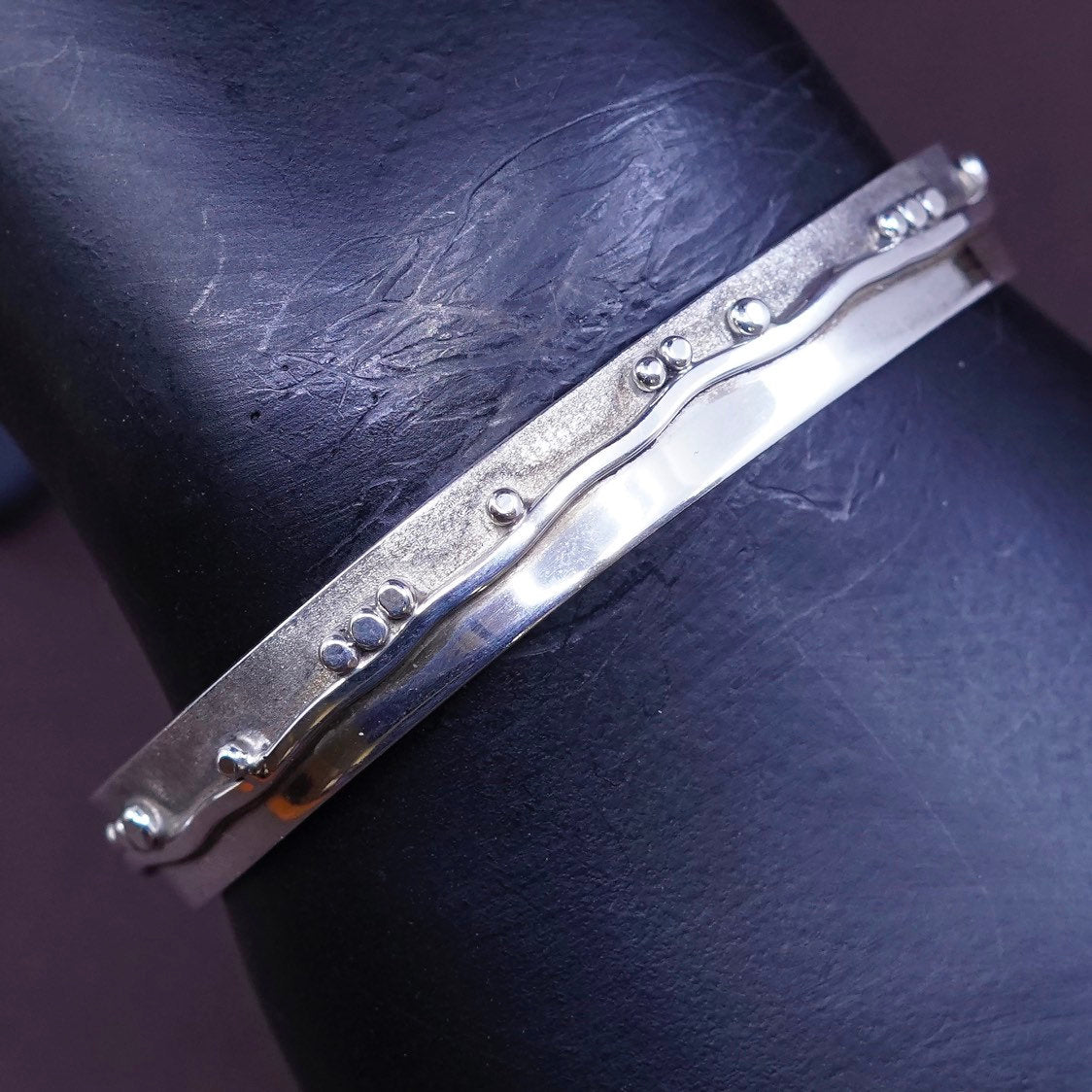 6.5", vtg JOR Sterling Silver Handmade Bracelet, modern 925 cuff w/ beads