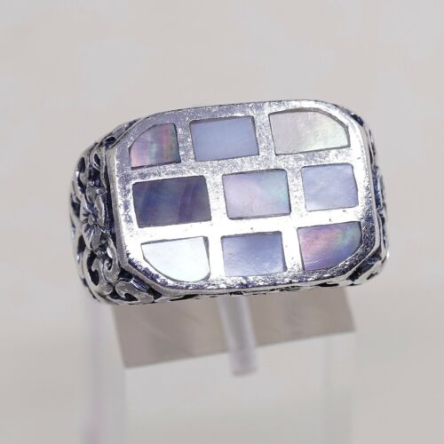 Size 7, Vtg Handmade Statement Ring in Sterling Silver N Abalone - Stamped 925
