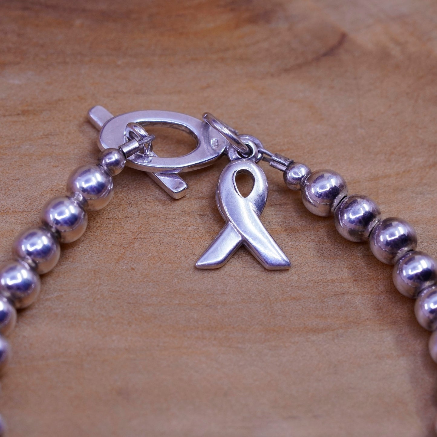 6”, vtg Sterling 925 silver handmade beads bracelet with ribbon bow tie charm