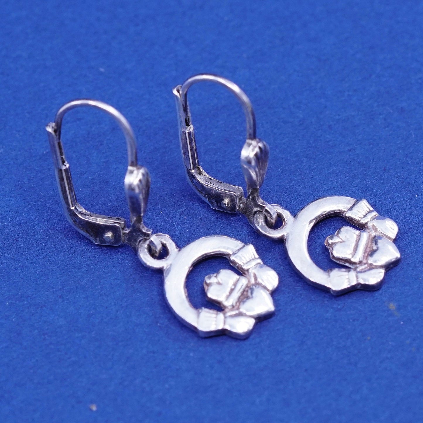 Vintage Sterling 925 silver handmade earrings, claddagh holding heart drops