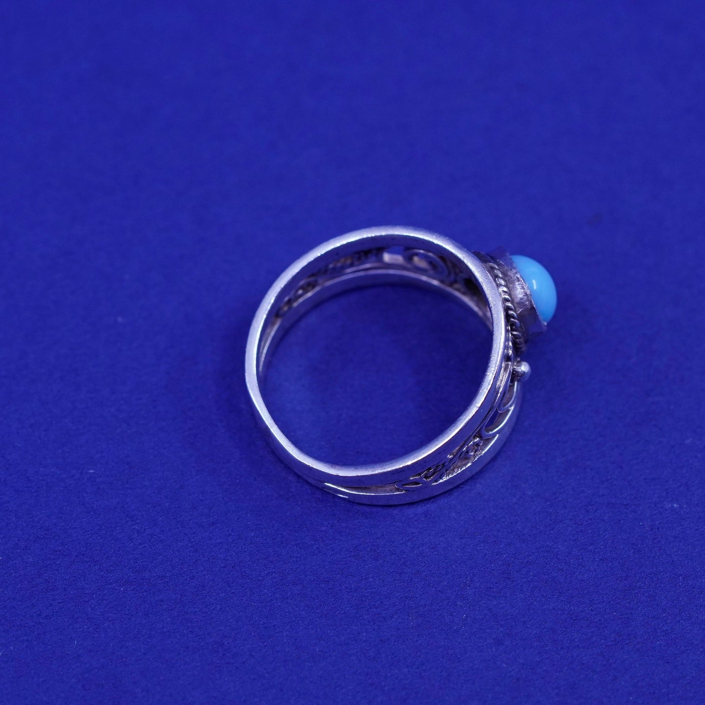 Size 7, vintage sterling silver handmade ring, 925 filigree band with blue onyx