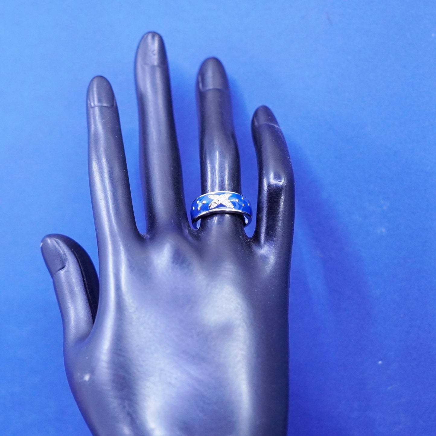 Size 7, vintage Sterling silver handmade ring, 925 blue enamel band W flower Cz