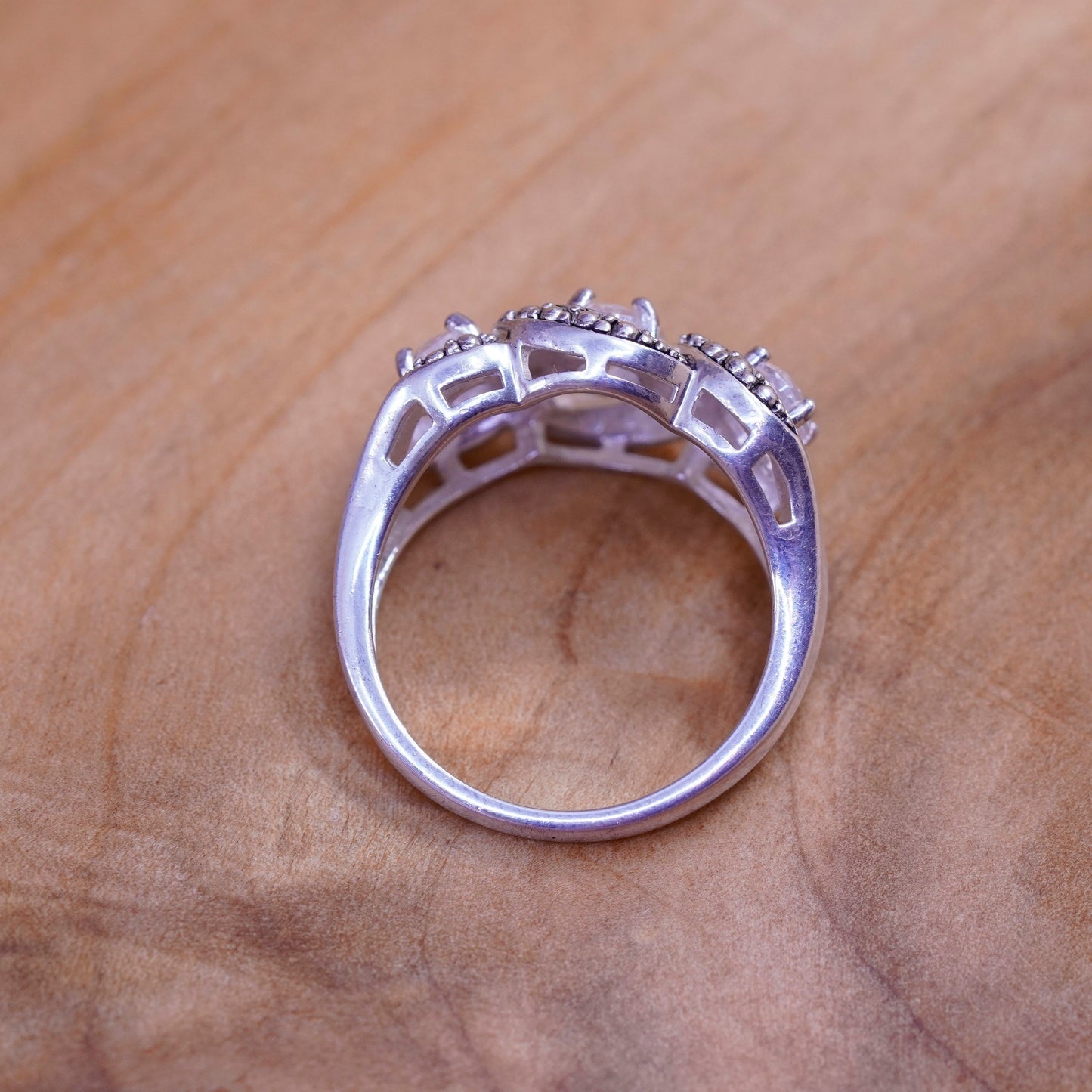 Size 8, vintage Sterling 925 silver engagement ring with cz and beads