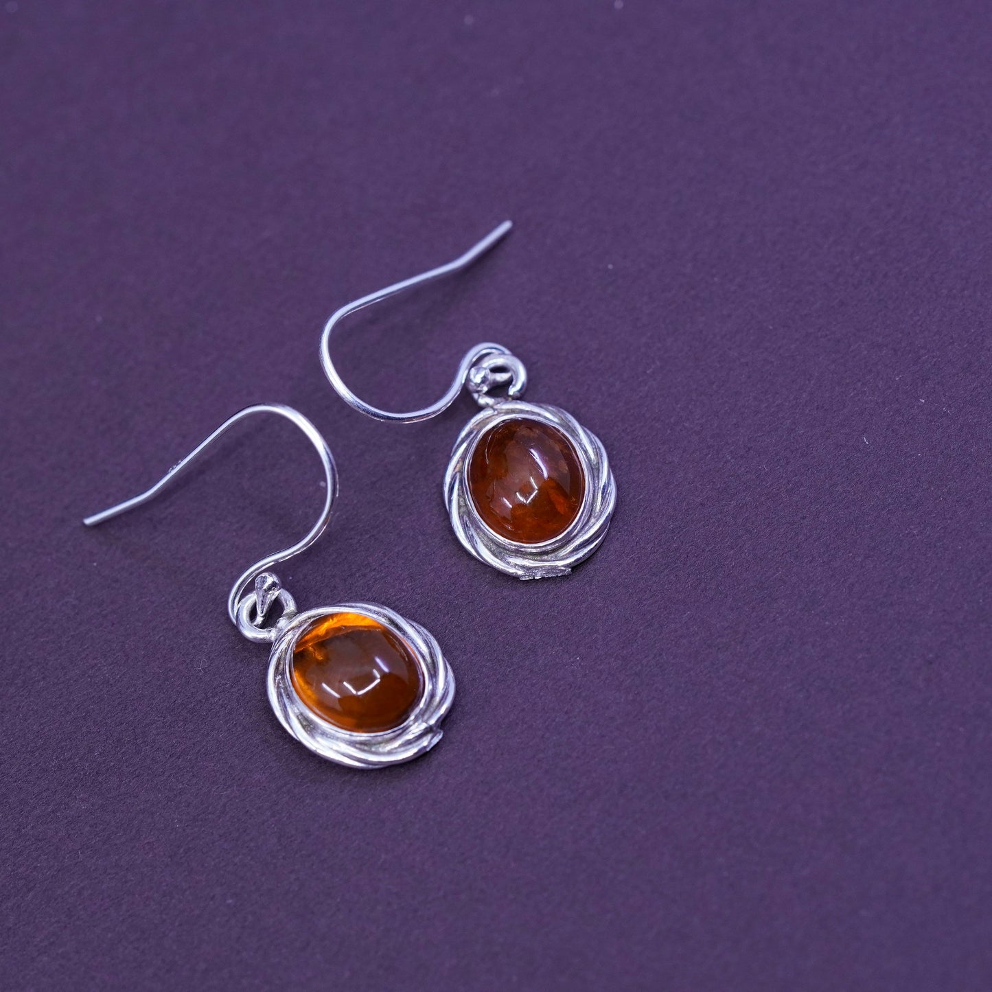 Vintage Sterling 925 silver handmade earrings with oval Amber