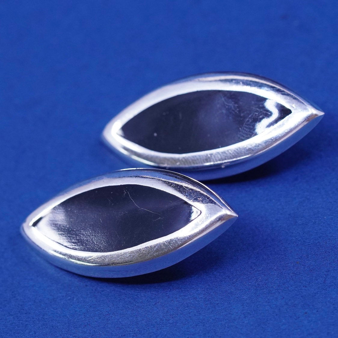 vtg mexico handmade earrings, alpaca silver studs with Marquise obsidian inlay