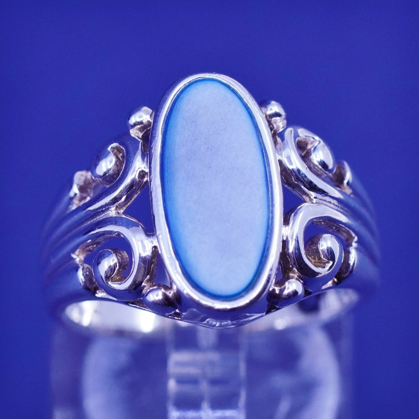 Size 7.5, vtg Sterling 925 silver handmade filigree ring blue mother of pearl