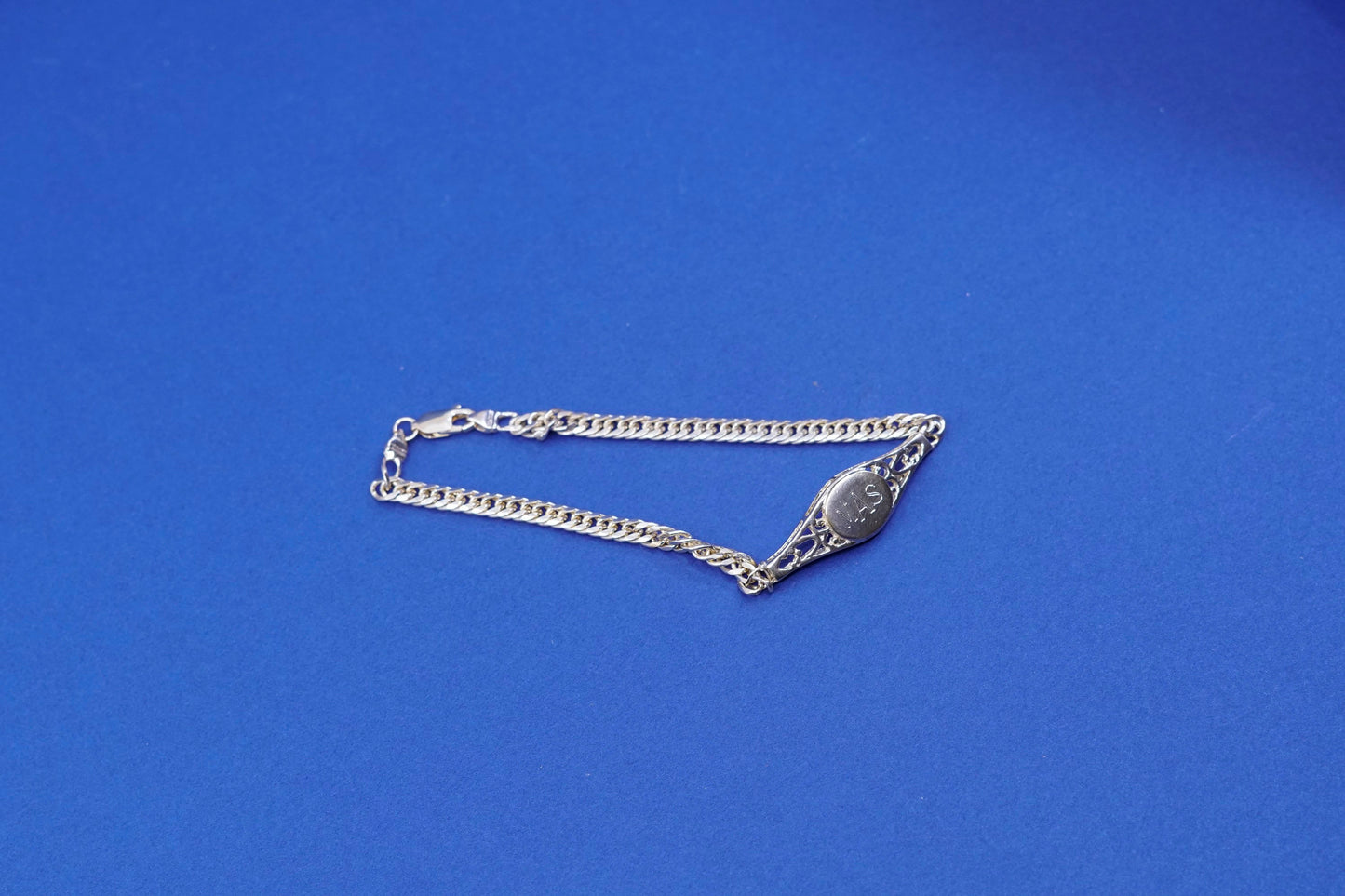 7.25”, vintage vermeil gold over Sterling silver bracelet, 925 curb chain “MAS