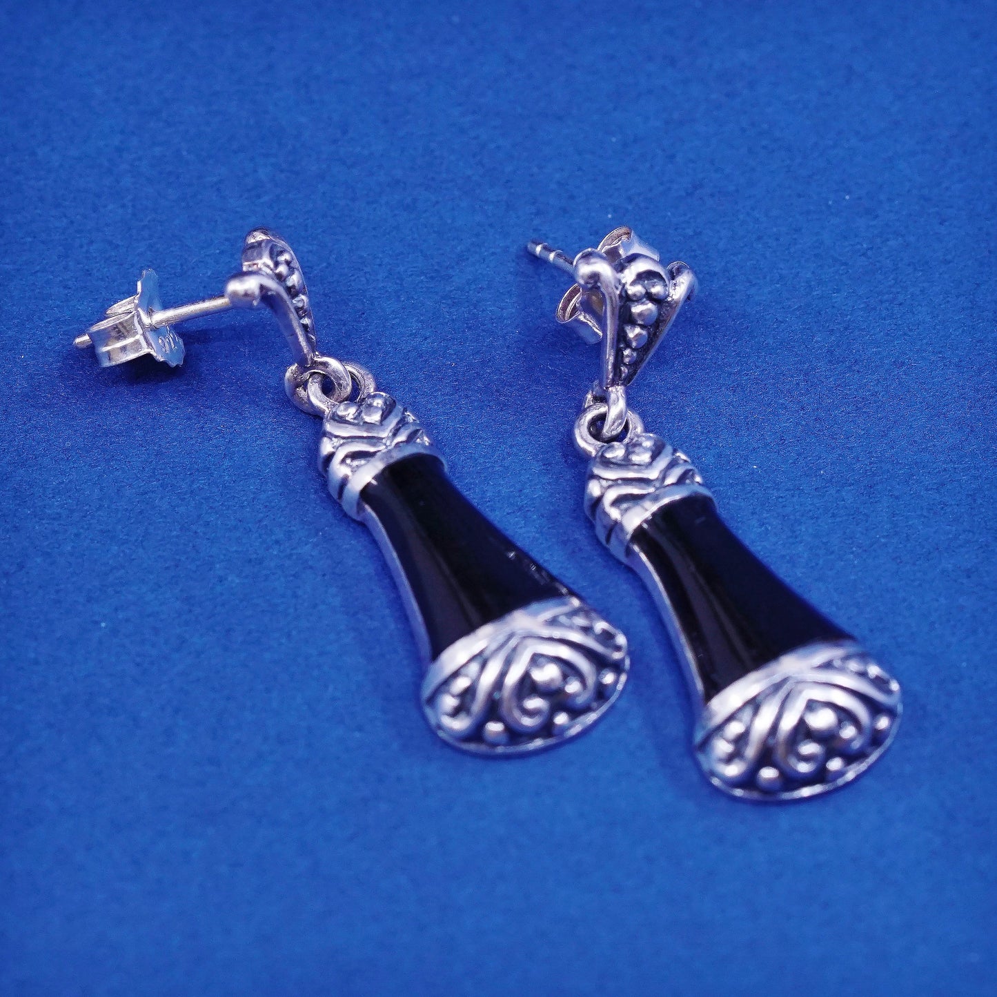 vtg )sterling silver handmade earrings, 925 w/ teardrop obsidian N Filigree