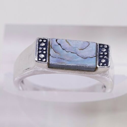 Size 8.25 Handmade Ring in Sterling 925 Silver W/ Abalone N Marcasite Details
