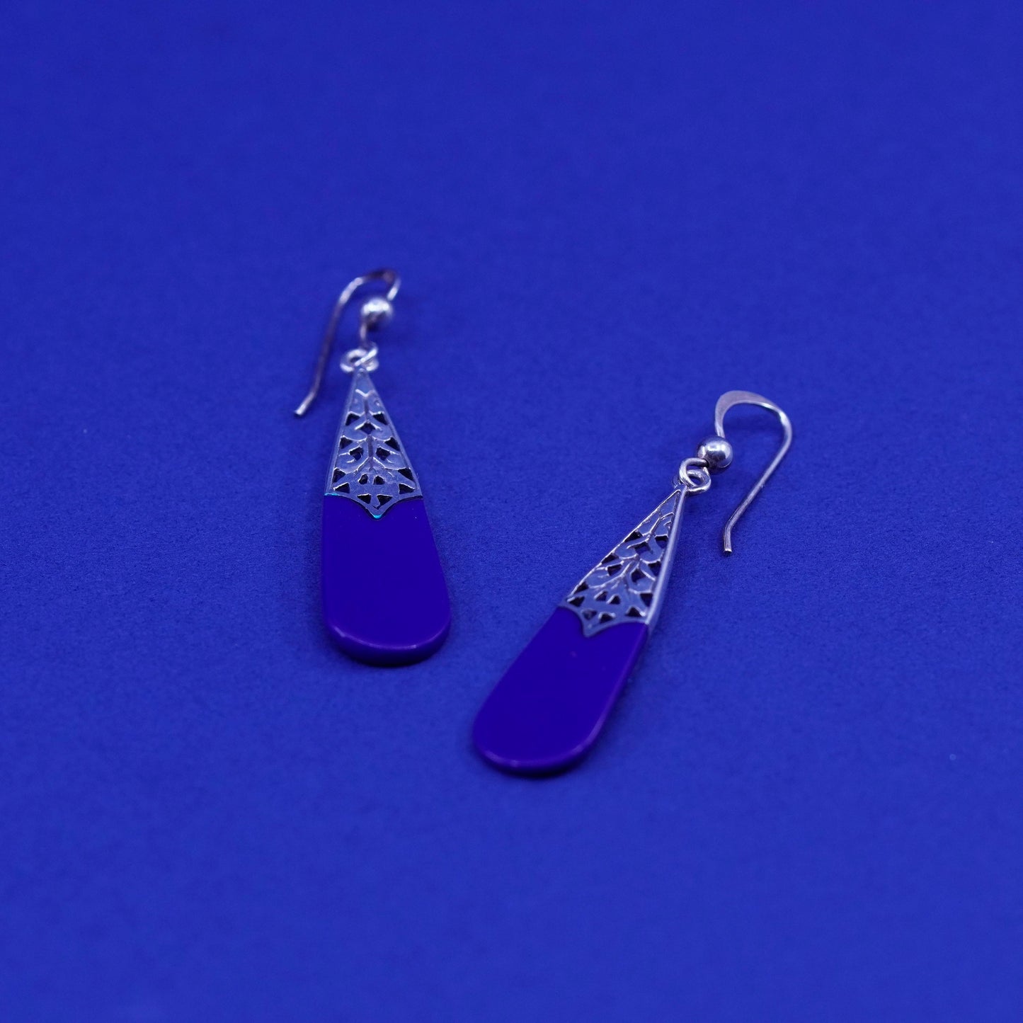 Vintage Sterling 925 silver handmade earrings with teardrop blue onyx and Bali