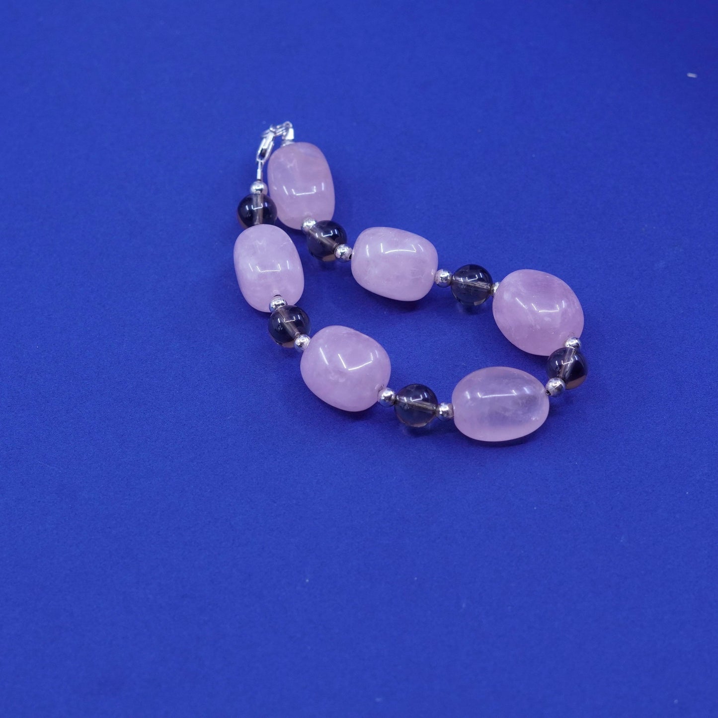 7.25”, sterling 925 silver handmade bracelet, nugget rose quartz with amethyst