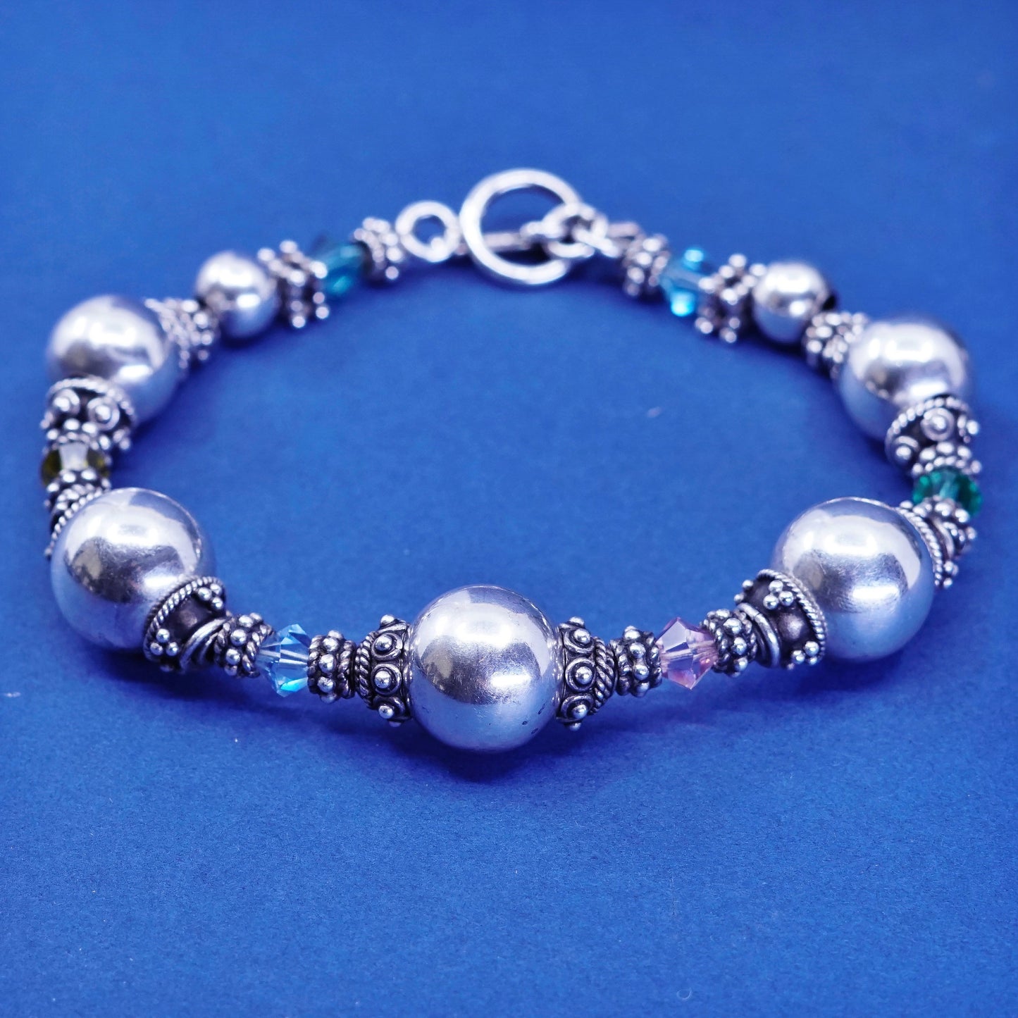 7.75”, vintage sterling 925 silver handmade bracelet with crystal beads