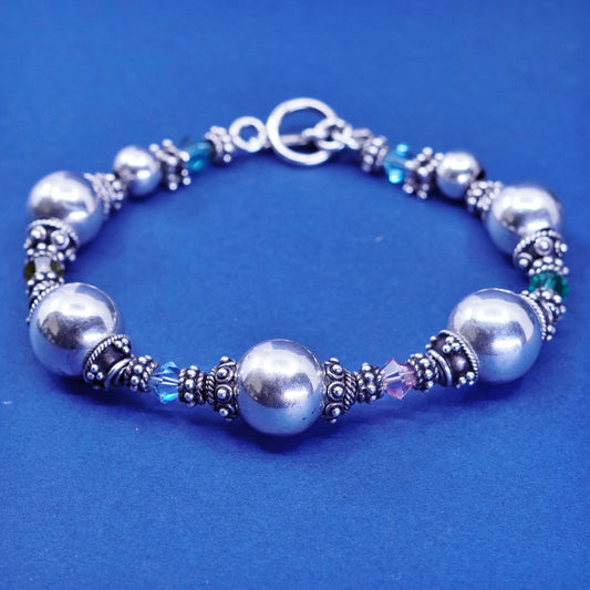 7.75”, vintage sterling 925 silver handmade bracelet with crystal beads