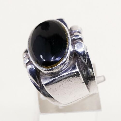 Sz 6.25, Vtg Sterling Silver Handmade Ring, 925 Band W Obsidian N Bali Beads
