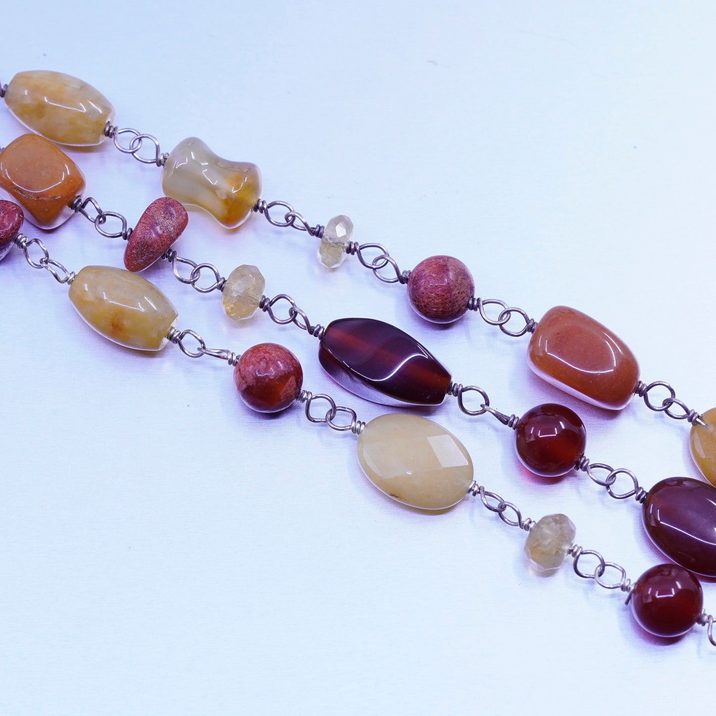7”, vtg Sterling 925 silver beaded bracelet w/ agate coral citrine carnelian