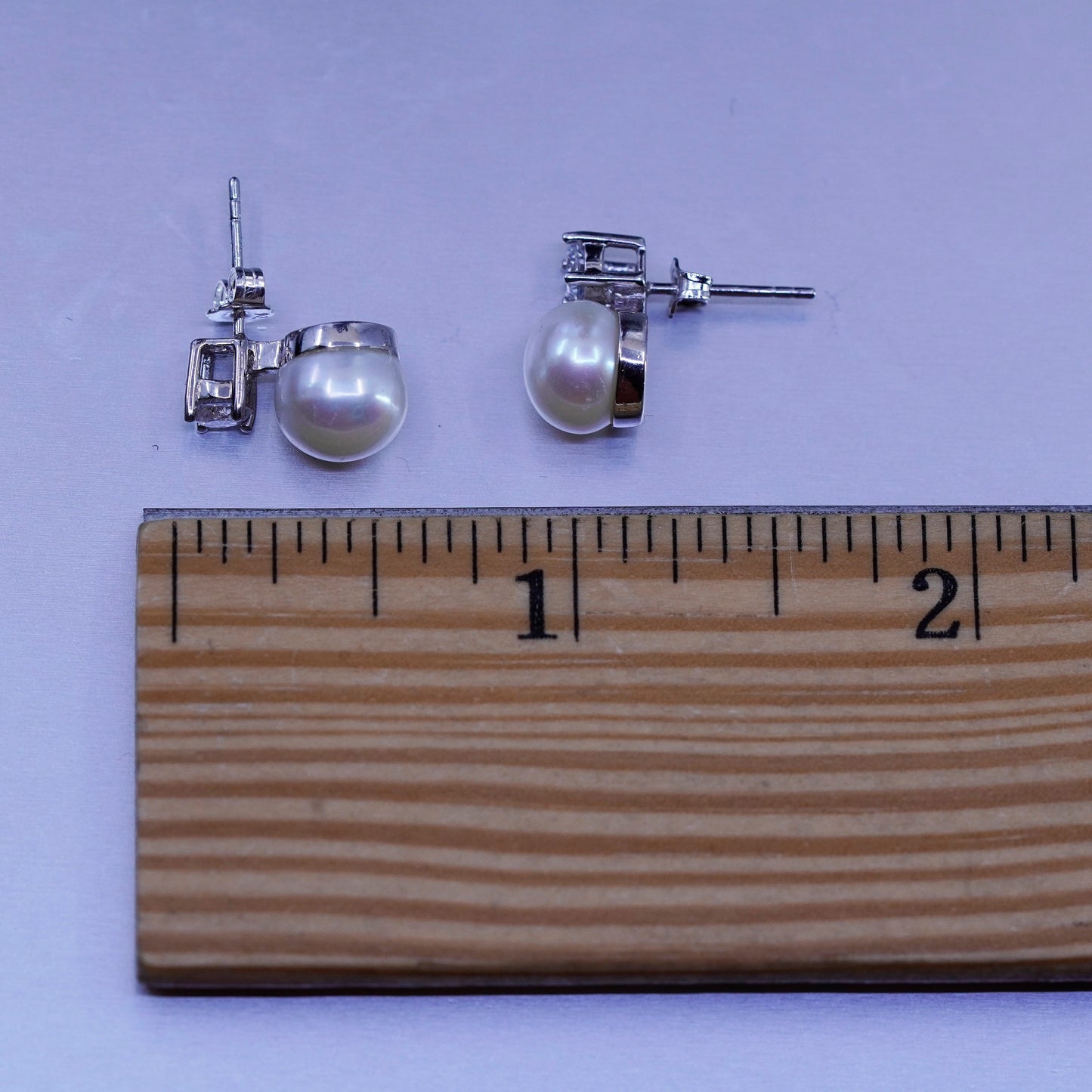 8mm, Vintage Sterling 925 silver handmade earrings, studs with pearl and cz