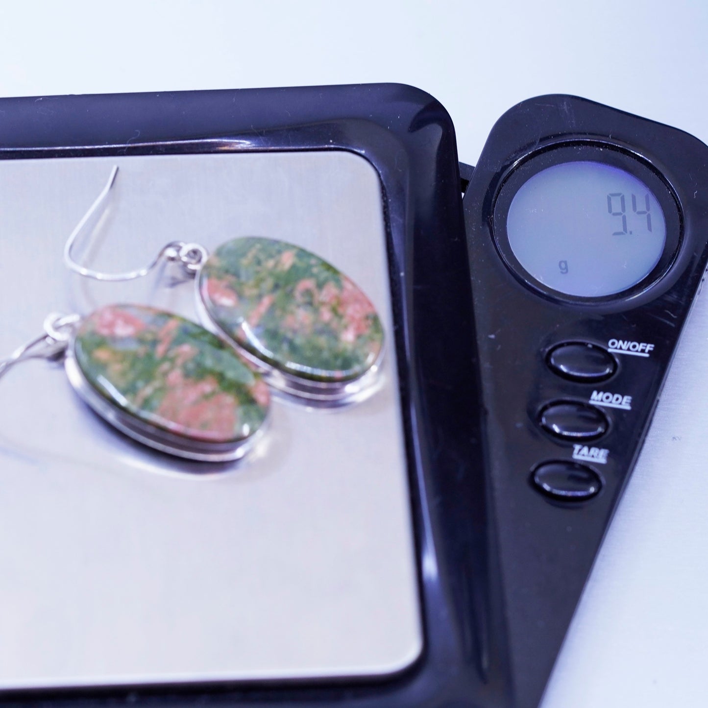 Vintage Mexico Sterling 925 silver handmade earrings with oval unakite