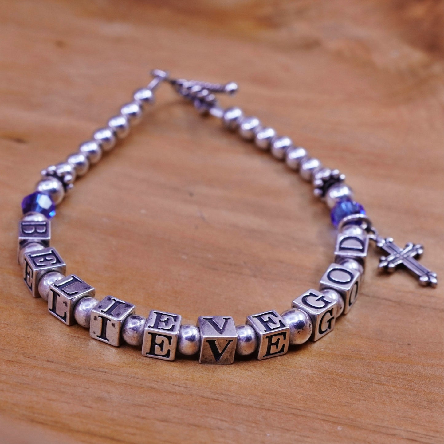 7”, Sterling 925 silver bracelet amethyst beads “believe god” cubes cross charm