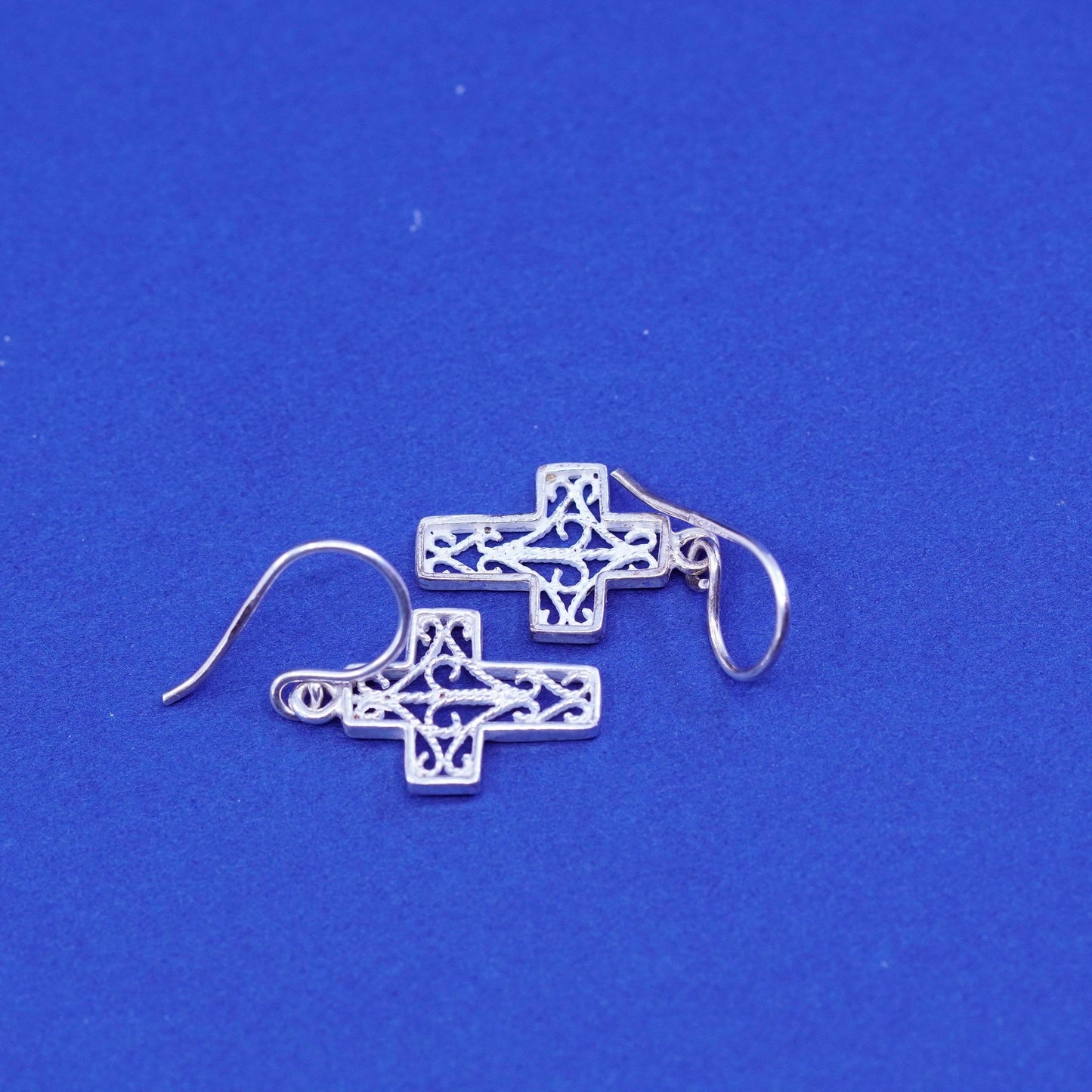 Vintage Sterling silver handmade earrings, 925 Bali filigree cross drops