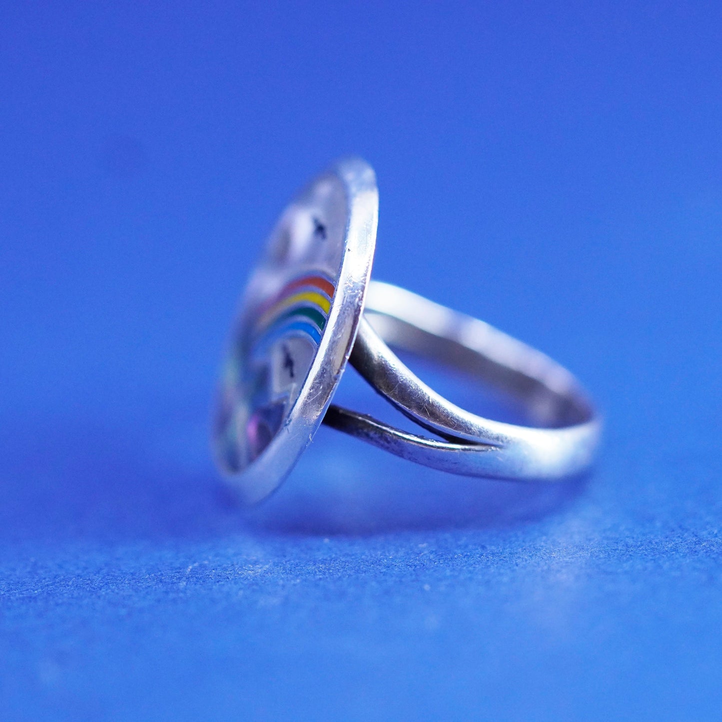 Size 5.75, vtg sterling 925 silver handmade landscape ring with mother of pearl
