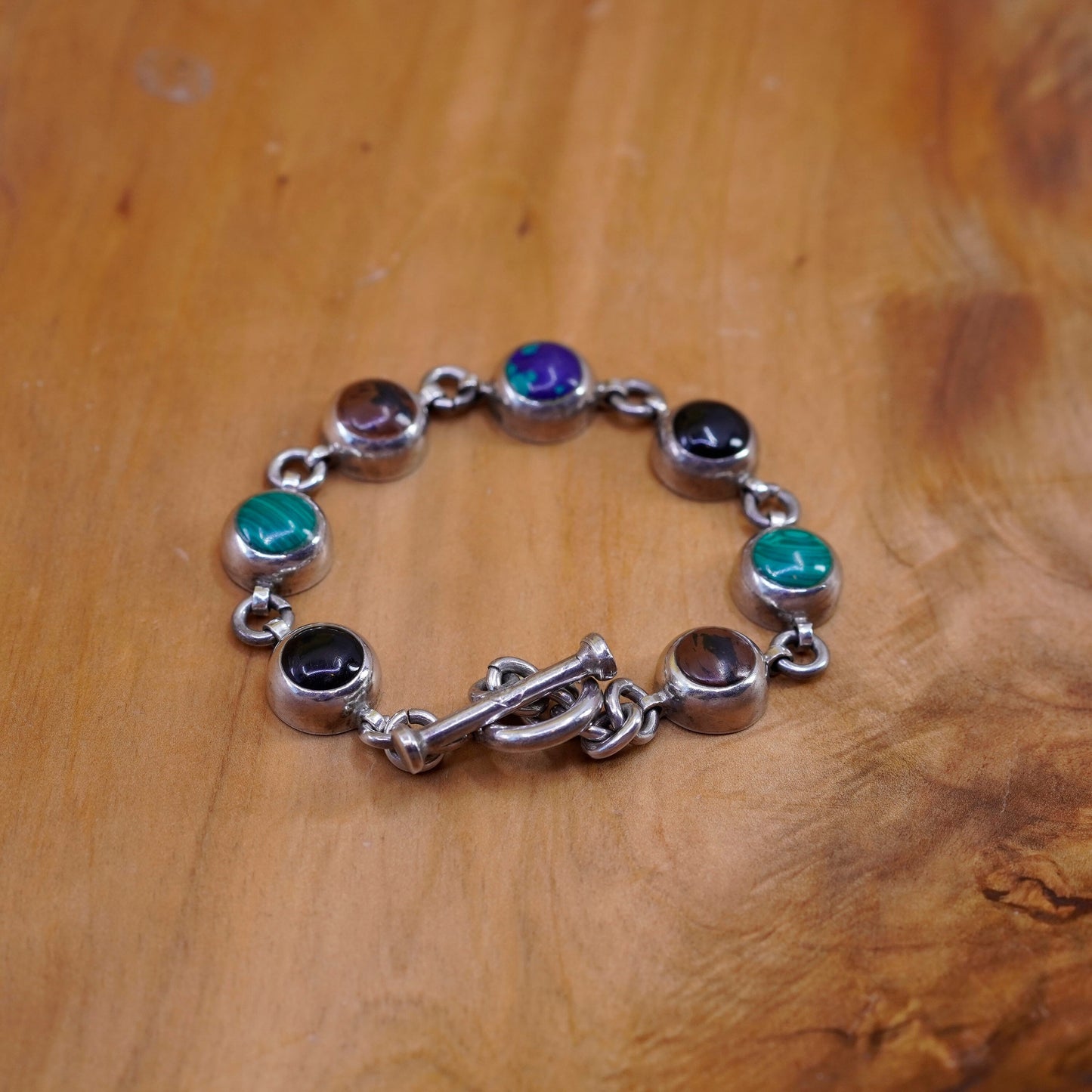 6.75”, mexico Sterling 925 silver bracelet with onyx jasper malachite azurite