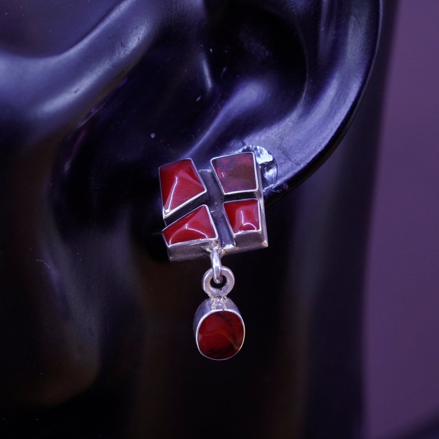 Vintage Sterling 925 silver handmade earrings with red jasper dangles