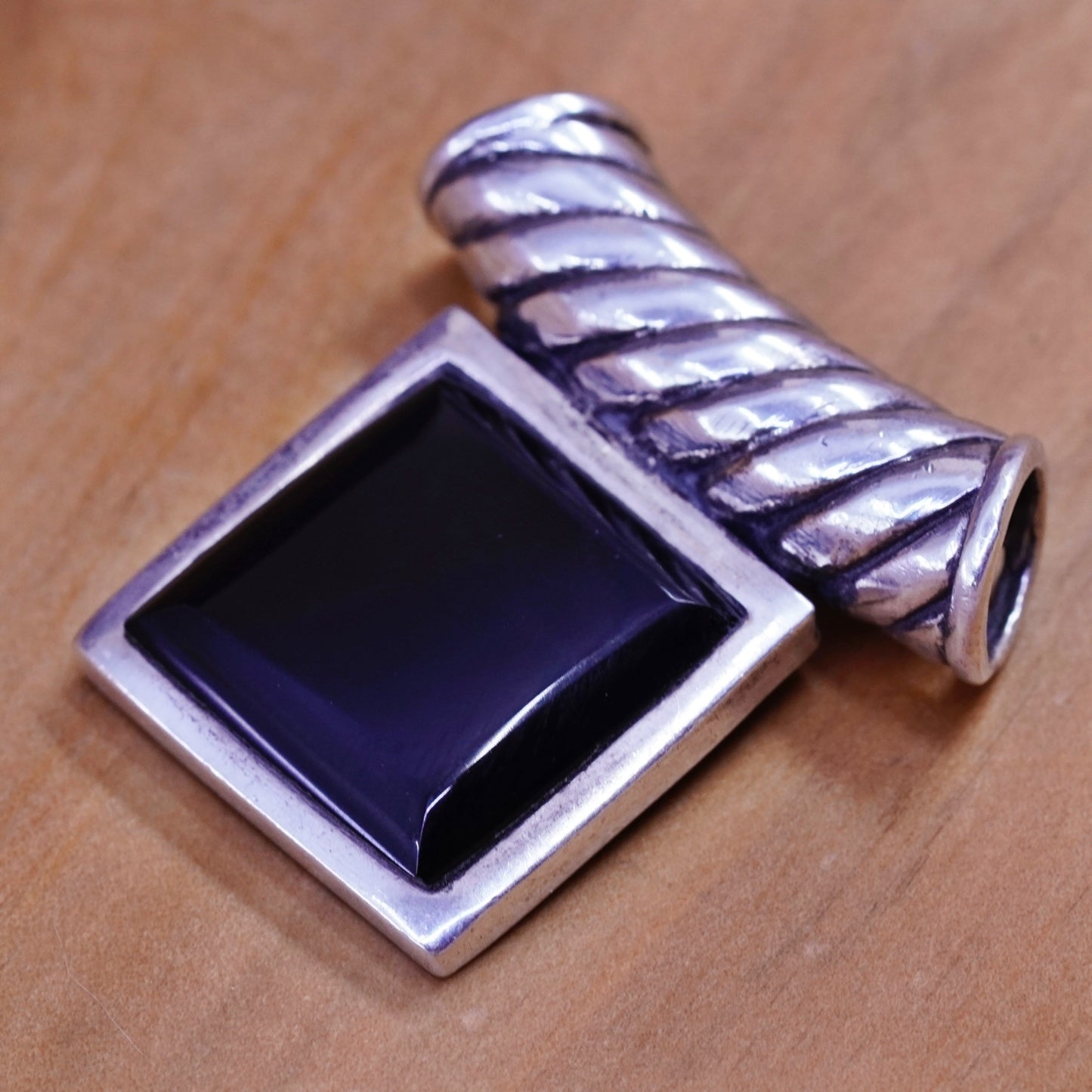 Sterling silver handmade pendant, Mexico 925 square obsidian, black onyx drop