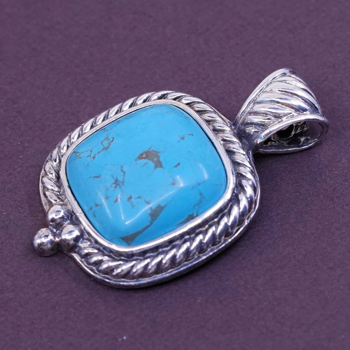 GSN Sterling silver handmade square pendant, Mexico 925 w/ turquoise N cable