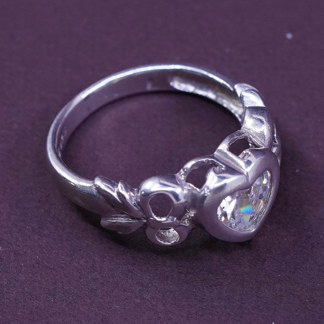 sz 7.25, vtg sterling silver engagement ring, clear crystal heart 925